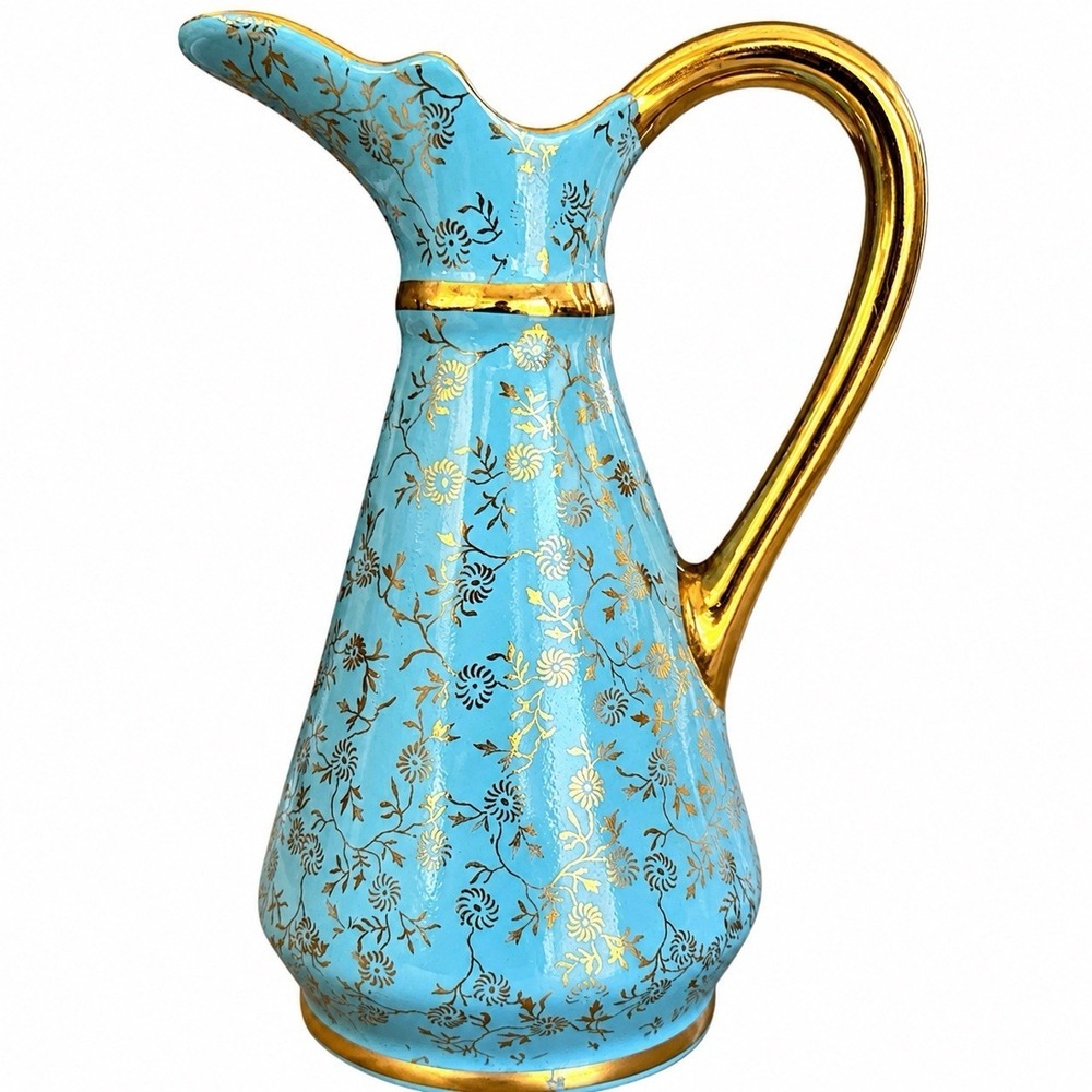 Vintage Pearl China Tiffany Blue Mini Pitcher Creamer Bud Vase 22KT Gold Cottage
